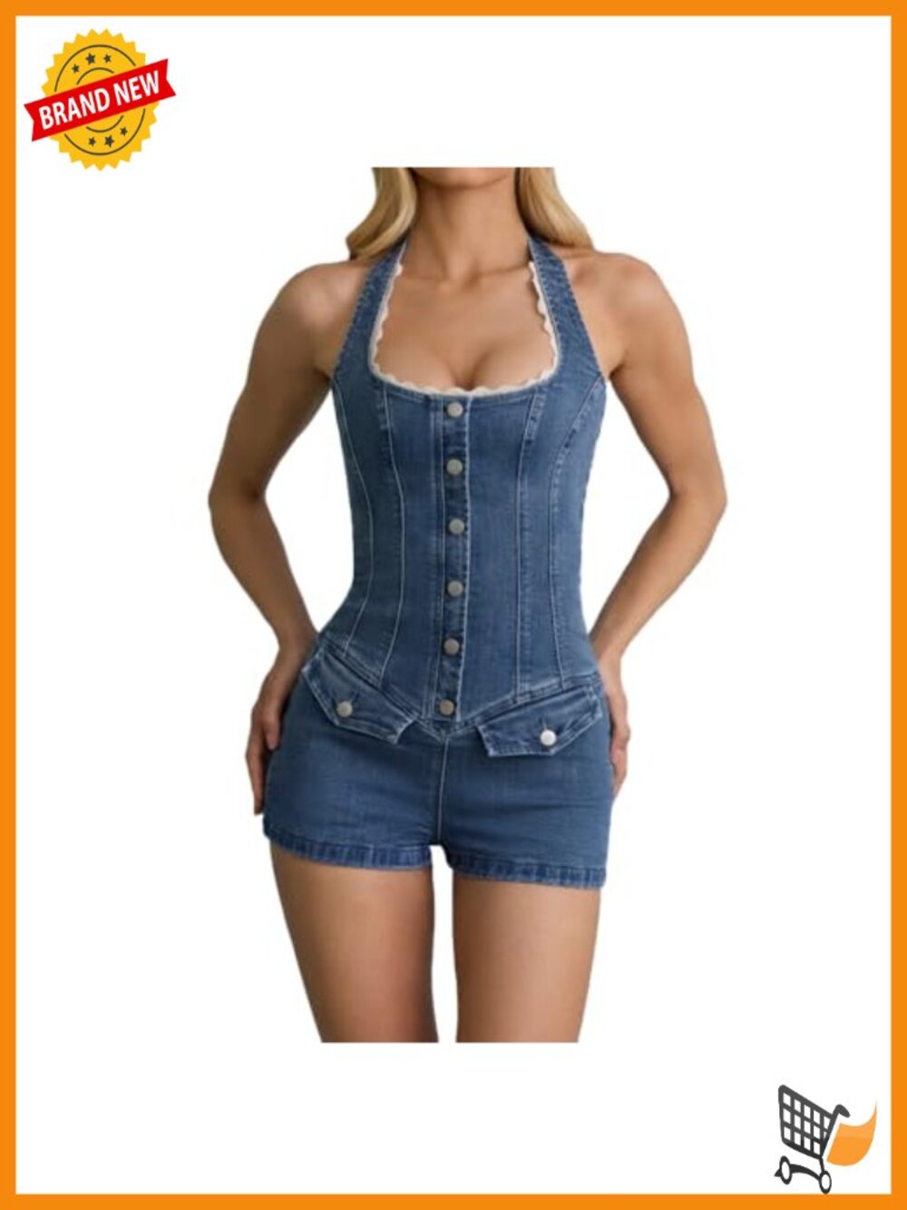 Women's Halter Neck Denim Jumpsuit Romper Sleeveless